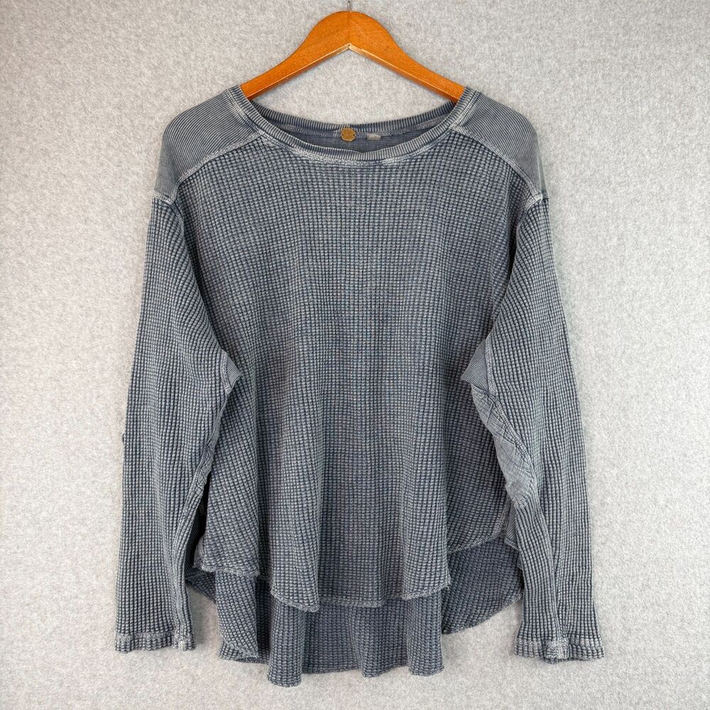 Free People One Gray Wash Thermal Waffle-Knit Long Sleeve Slouchy Lagenlook L